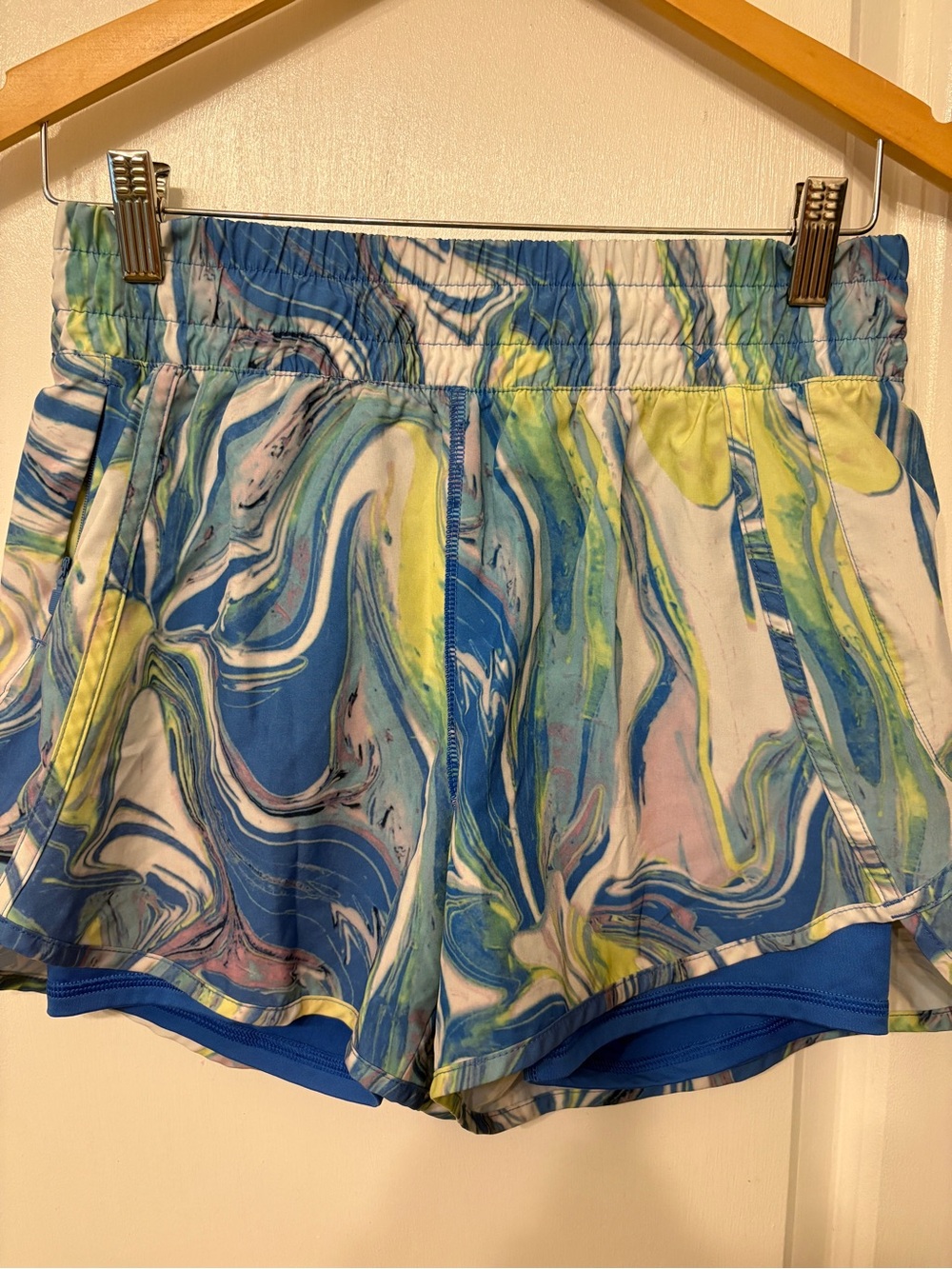 Avia Women's Marble-Print Athletic Shorts - Blue, Green, White, size 4-6